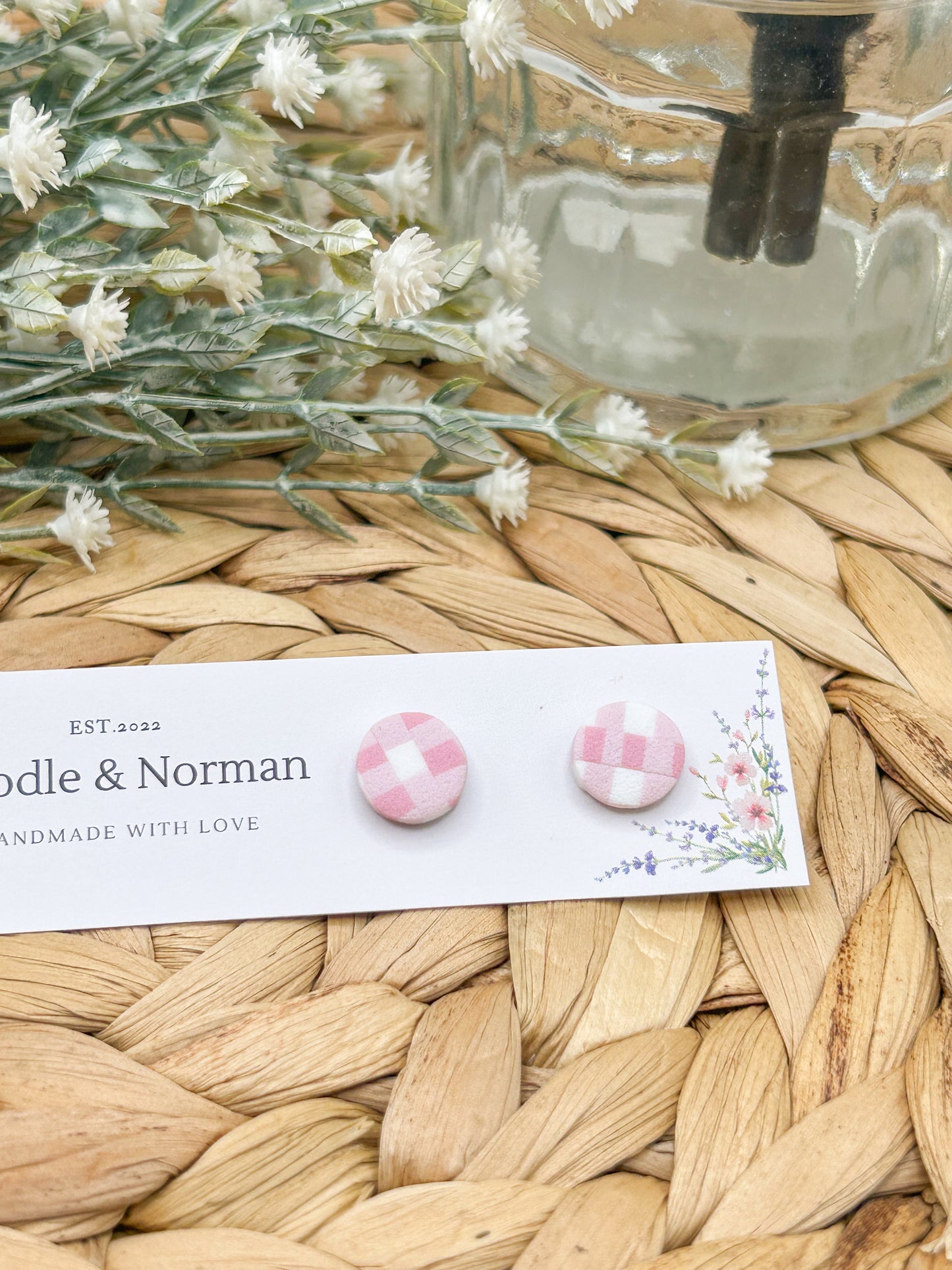 Pink Gingham Studs