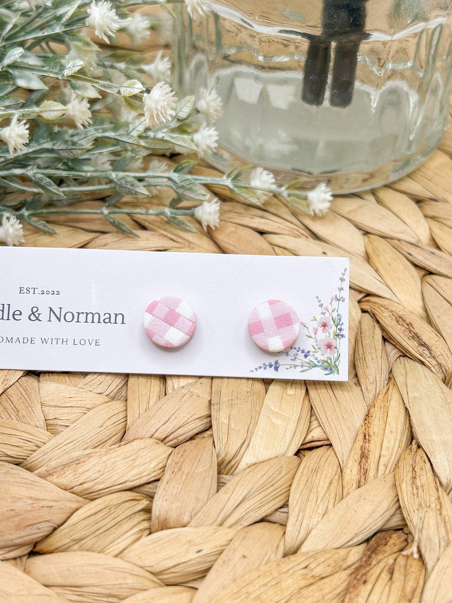 Pink Gingham Studs